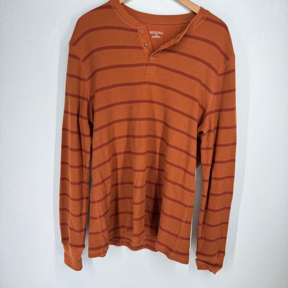 Merona Mens Y2K Waffle Knit Henley Shirt Orange Striped Thermal Long Sleeve L